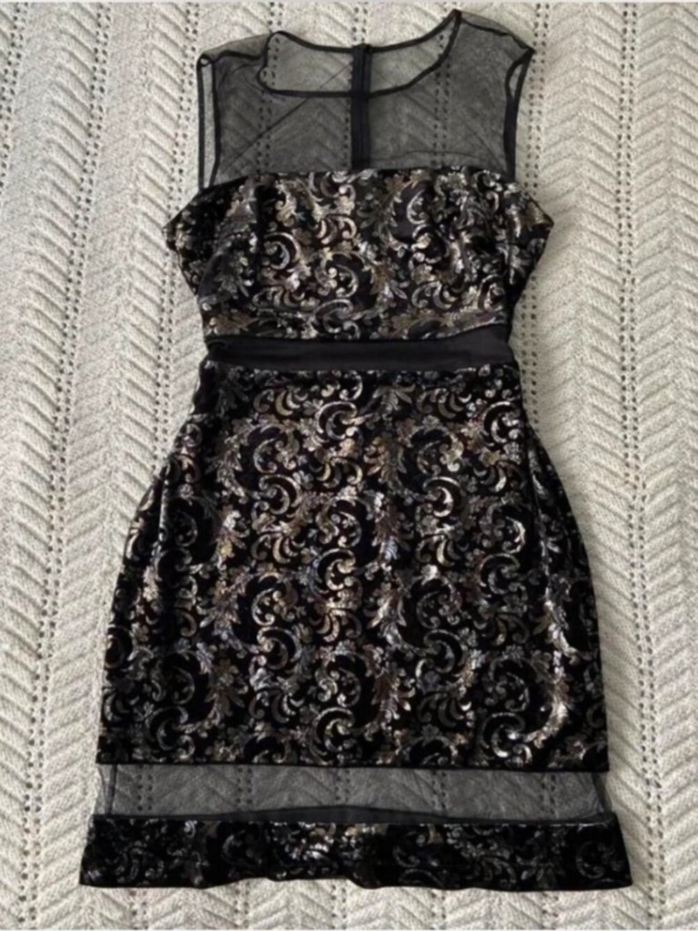 Black and gold floral dress with mesh overlay